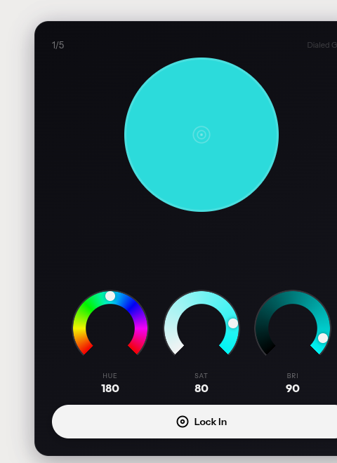 Dialed GG Color picker phase — use hue, saturation, and brightness sliders to recreate the color from memory