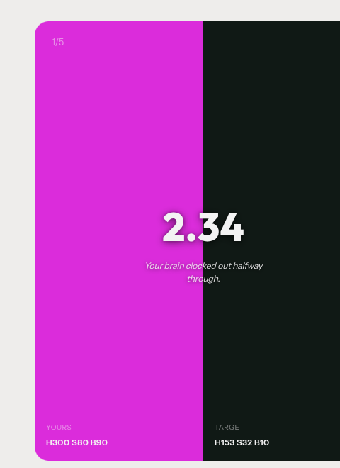 Dialed GG Color round result — side-by-side comparison of your picked color vs the target with HSB values
